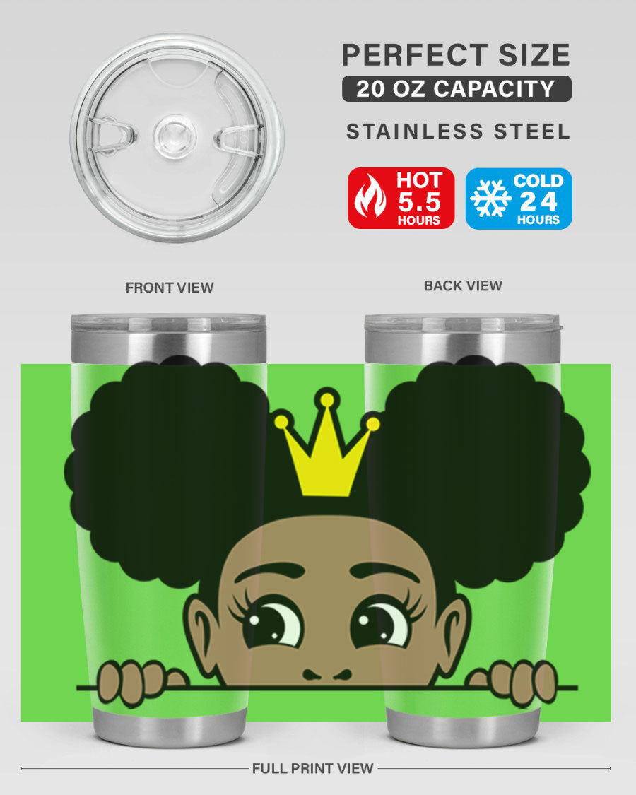 Crown Afro Puffs 51# Tumbler featuring a stylish design, double wall vacuum insulation, and a press-in drink-thru lid, perfect for women and girls.