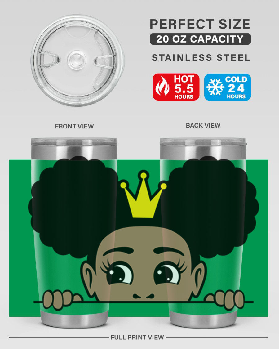 Crown Afro Puffs 51# Tumbler featuring a stylish design, double wall vacuum insulation, and a press-in drink-thru lid, perfect for women and girls.