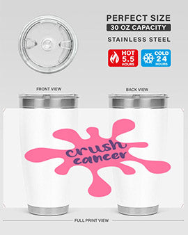 Crush Cancer Style 14# Tumbler, a 20oz double wall vacuum stainless steel tumbler with a vibrant design supporting breast cancer awareness.