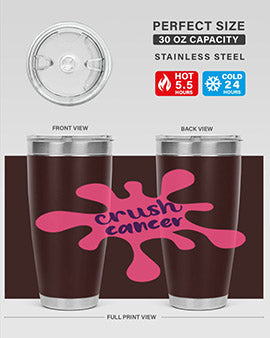 Crush Cancer Style 14# Tumbler, a 20oz double wall vacuum stainless steel tumbler with a vibrant design supporting breast cancer awareness.