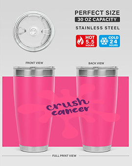 Crush Cancer Style 14# Tumbler, a 20oz double wall vacuum stainless steel tumbler with a vibrant design supporting breast cancer awareness.