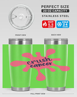 Crush Cancer Style 14# Tumbler, a 20oz double wall vacuum stainless steel tumbler with a vibrant design supporting breast cancer awareness.