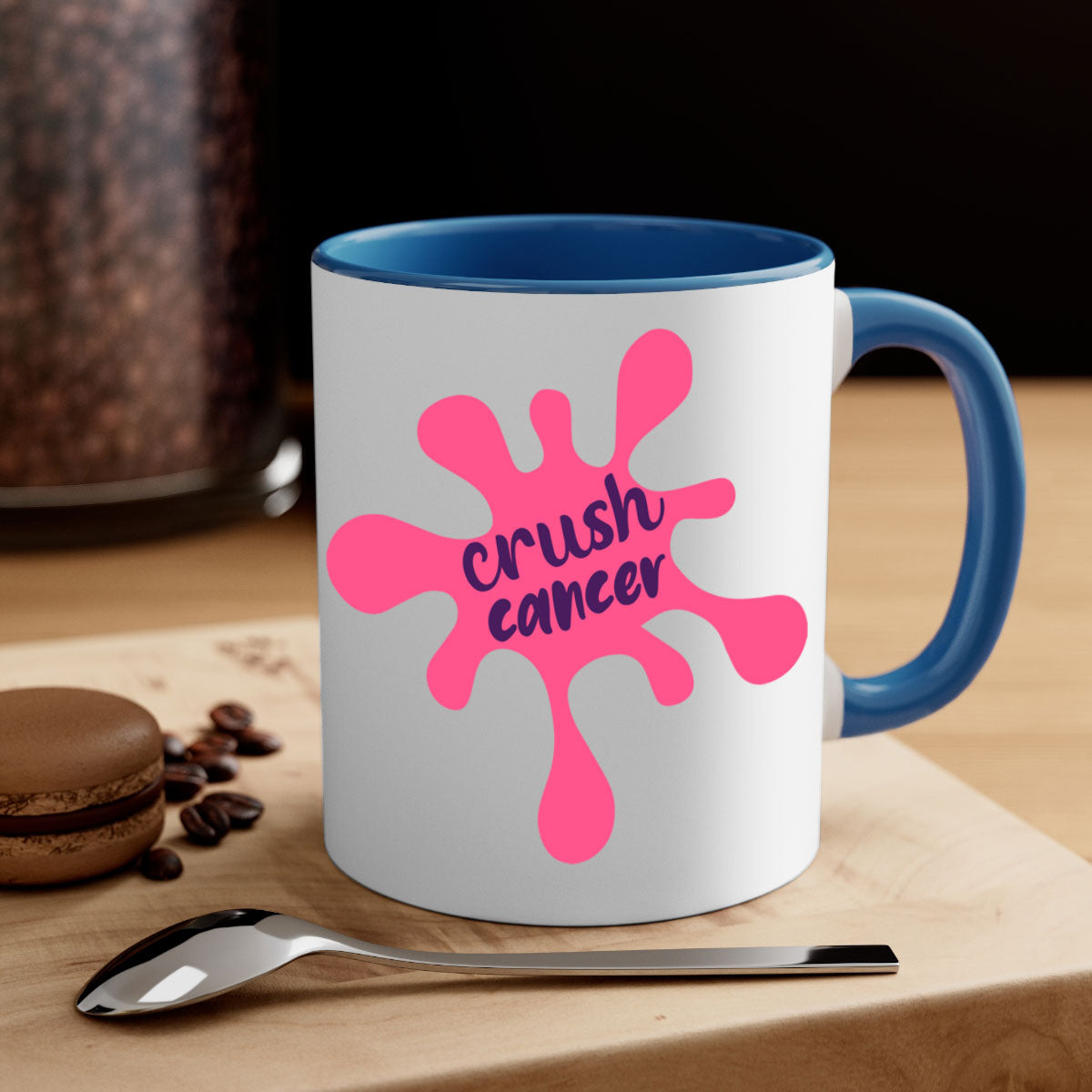 Crush Cancer Style 18# Mug featuring a glossy finish, colored handle, and interior, available in multiple colors and sizes.
