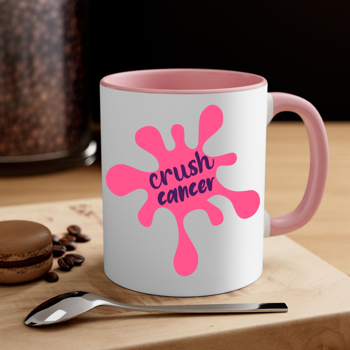Crush Cancer Style 18# Mug featuring a glossy finish, colored handle, and interior, available in multiple colors and sizes.