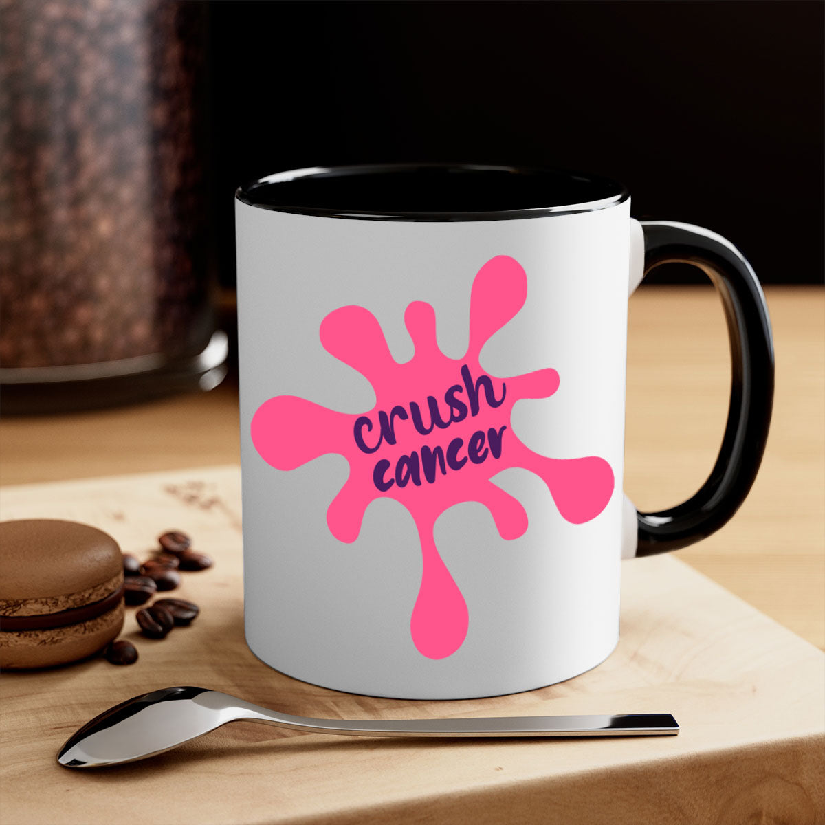 Crush Cancer Style 18# Mug featuring a glossy finish, colored handle, and interior, available in multiple colors and sizes.
