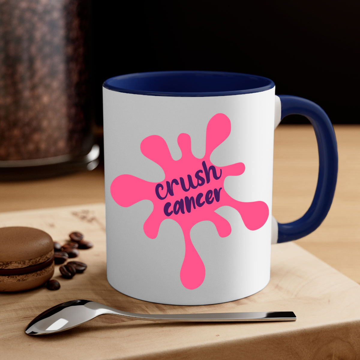 Crush Cancer Style 18# Mug featuring a glossy finish, colored handle, and interior, available in multiple colors and sizes.