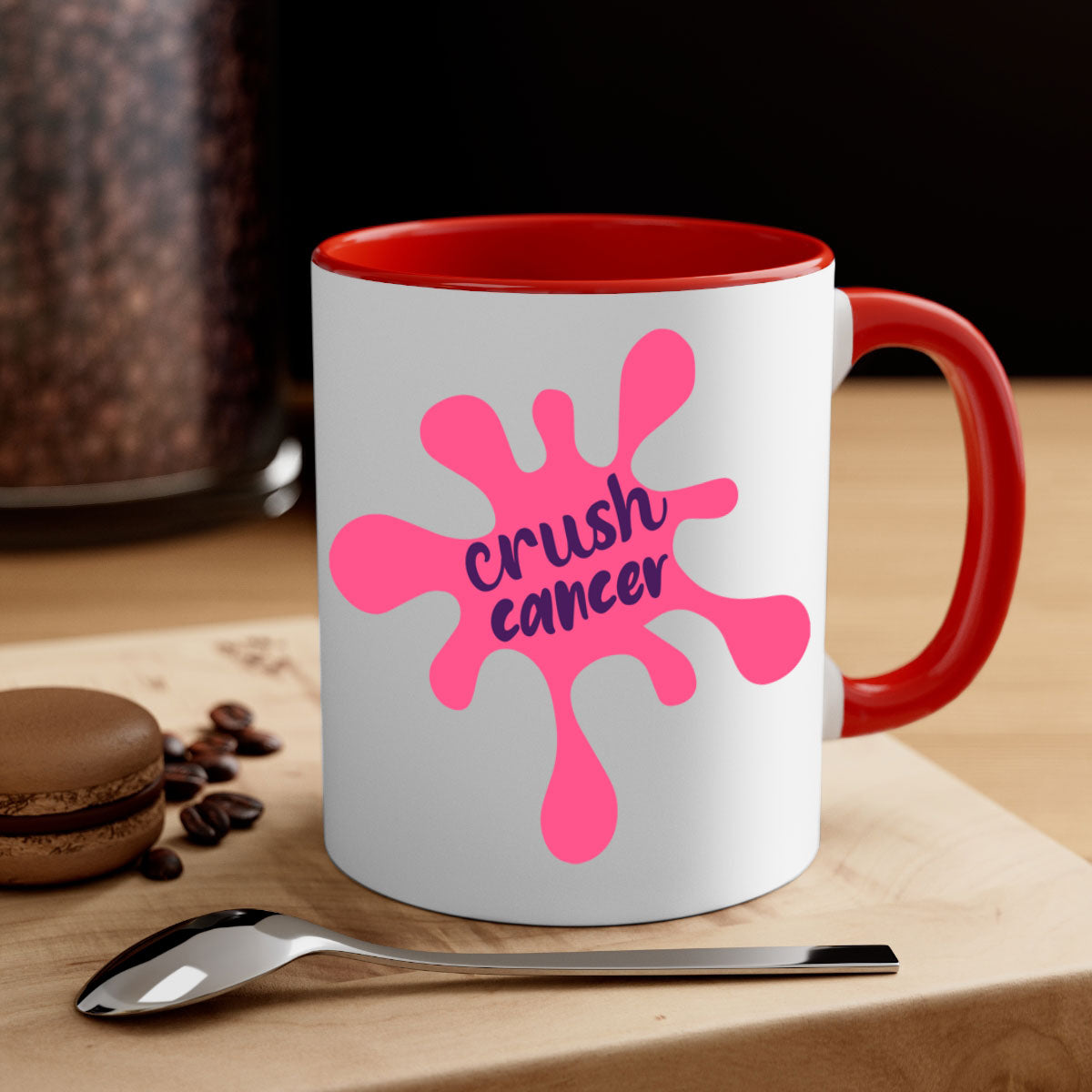 Crush Cancer Style 18# Mug featuring a glossy finish, colored handle, and interior, available in multiple colors and sizes.