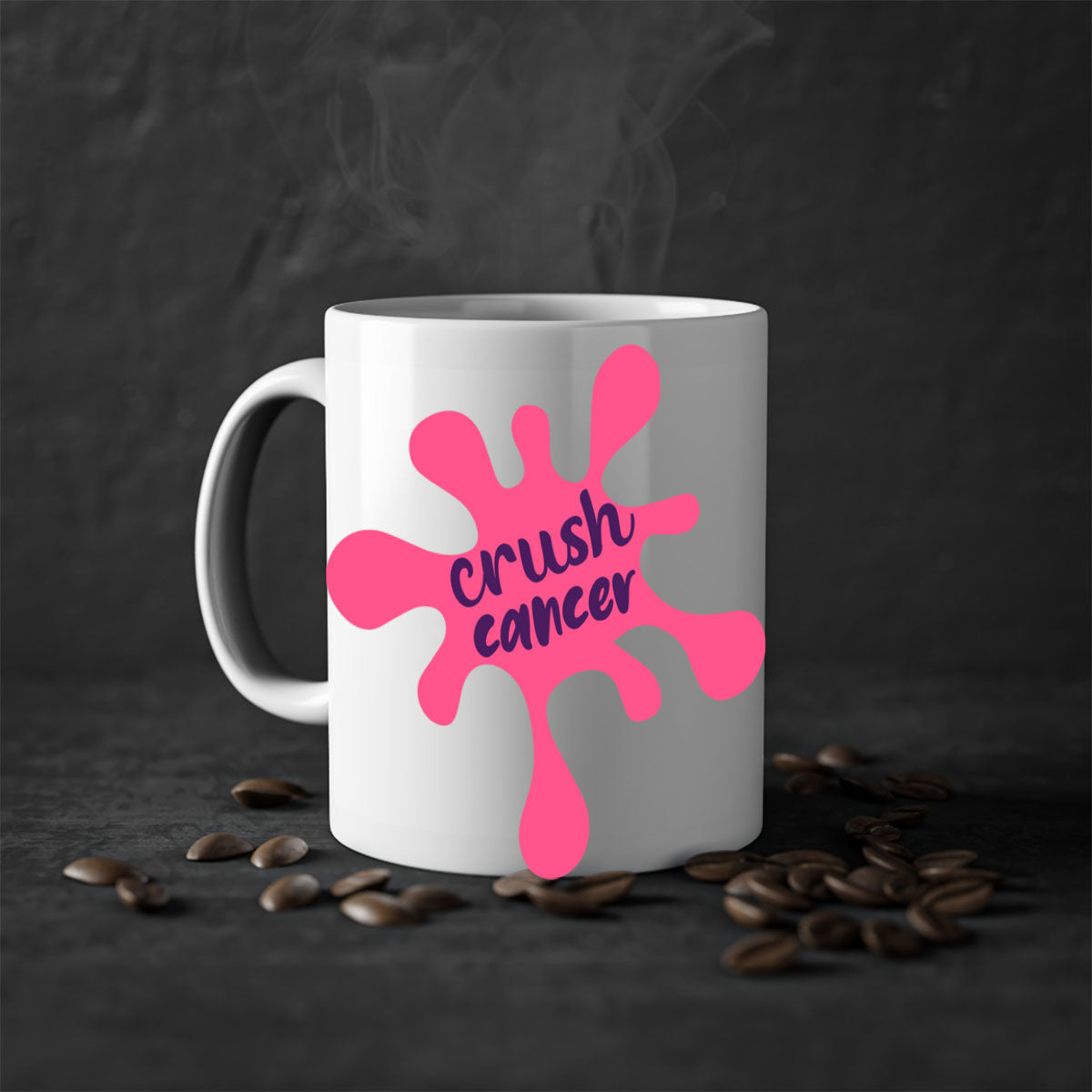Crush Cancer Style 18# Mug featuring a glossy finish, colored handle, and interior, available in multiple colors and sizes.
