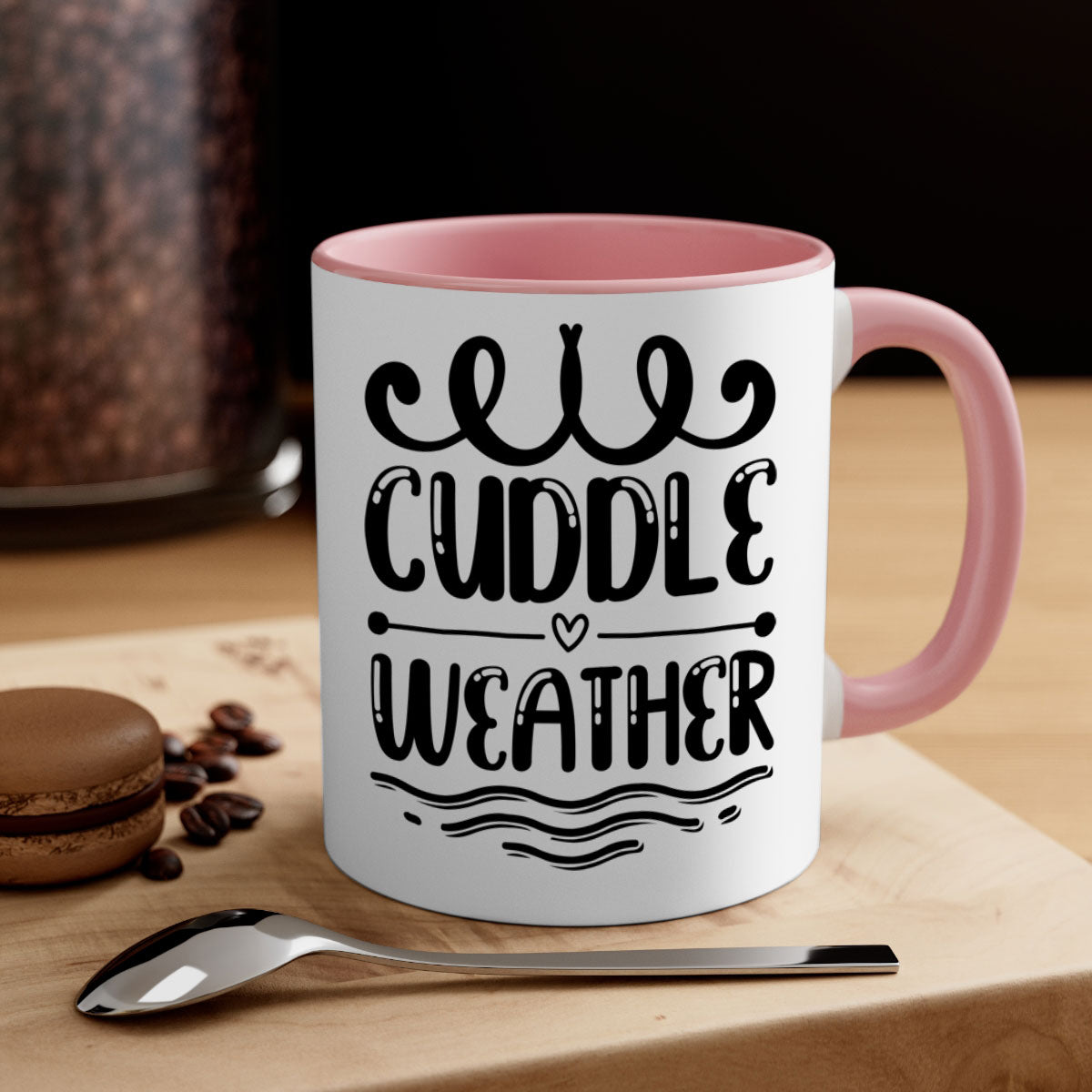 Cuddle Weather 86# Mug featuring a glossy finish and colored handle, available in multiple colors and sizes.