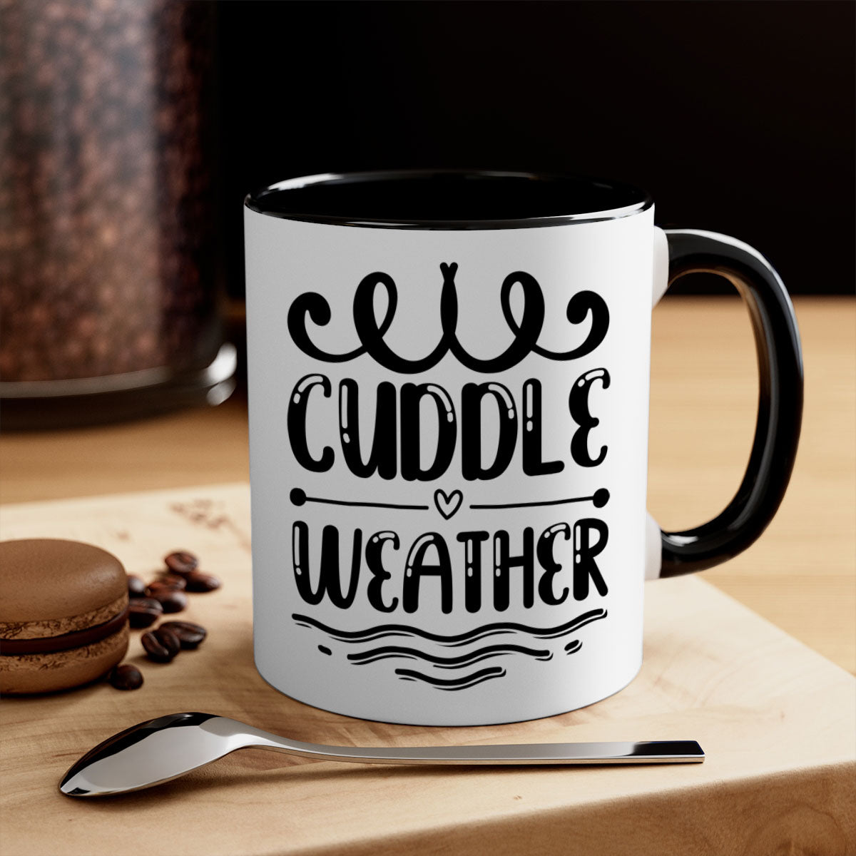 Cuddle Weather 86# Mug featuring a glossy finish and colored handle, available in multiple colors and sizes.