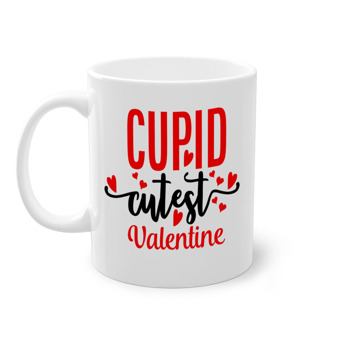 Cupid Cutest Valentine Mug with colorful handle and glossy finish, perfect for coffee or tea.