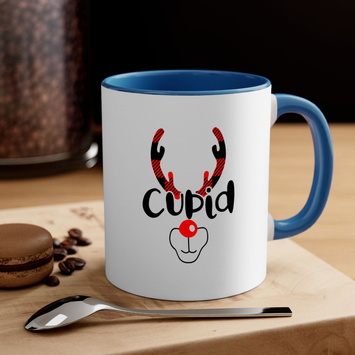 Cupid Reindeer Style Christmas Mug with colorful handle and glossy finish, perfect for holiday beverages.