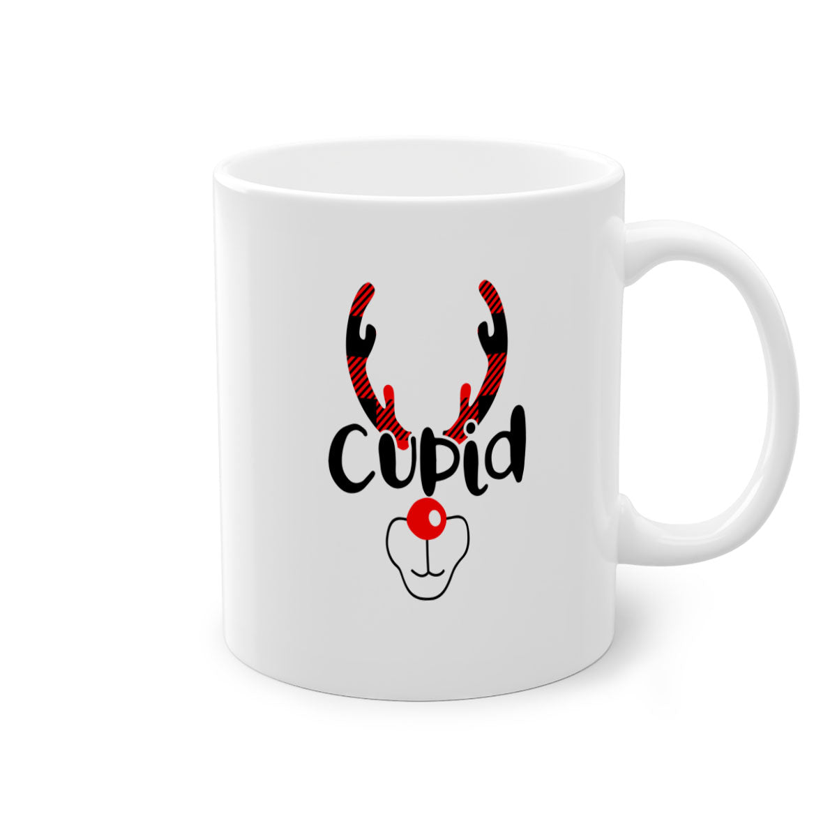 Cupid Reindeer Style Christmas Mug with colorful handle and glossy finish, perfect for holiday beverages.