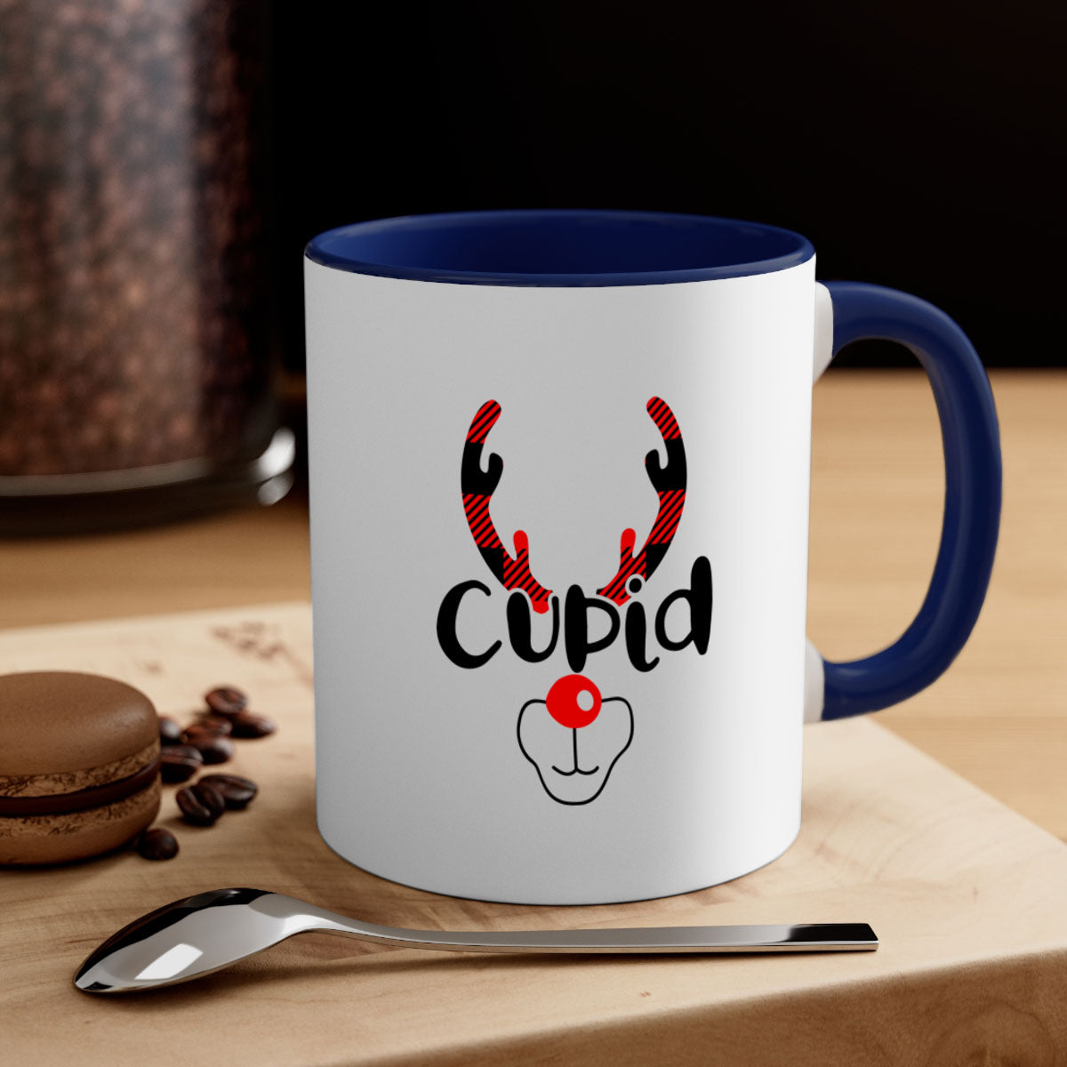 Cupid Reindeer Style Christmas Mug with colorful handle and glossy finish, perfect for holiday beverages.
