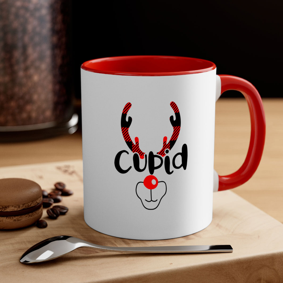 Cupid Reindeer Style Christmas Mug with colorful handle and glossy finish, perfect for holiday beverages.