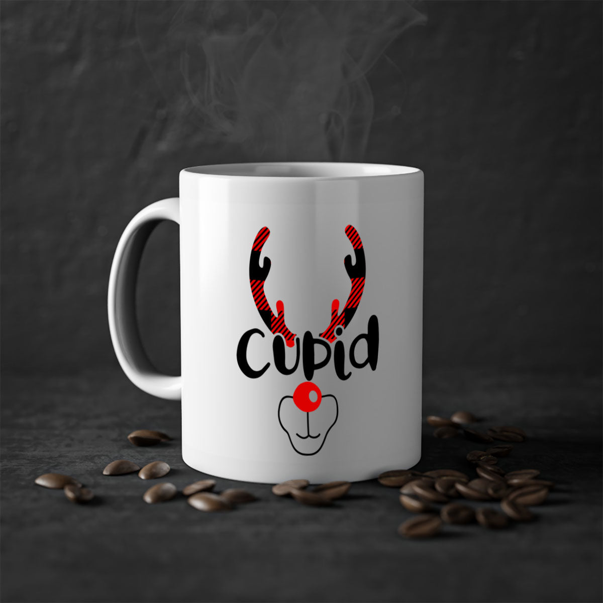 Cupid Reindeer Style Christmas Mug with colorful handle and glossy finish, perfect for holiday beverages.