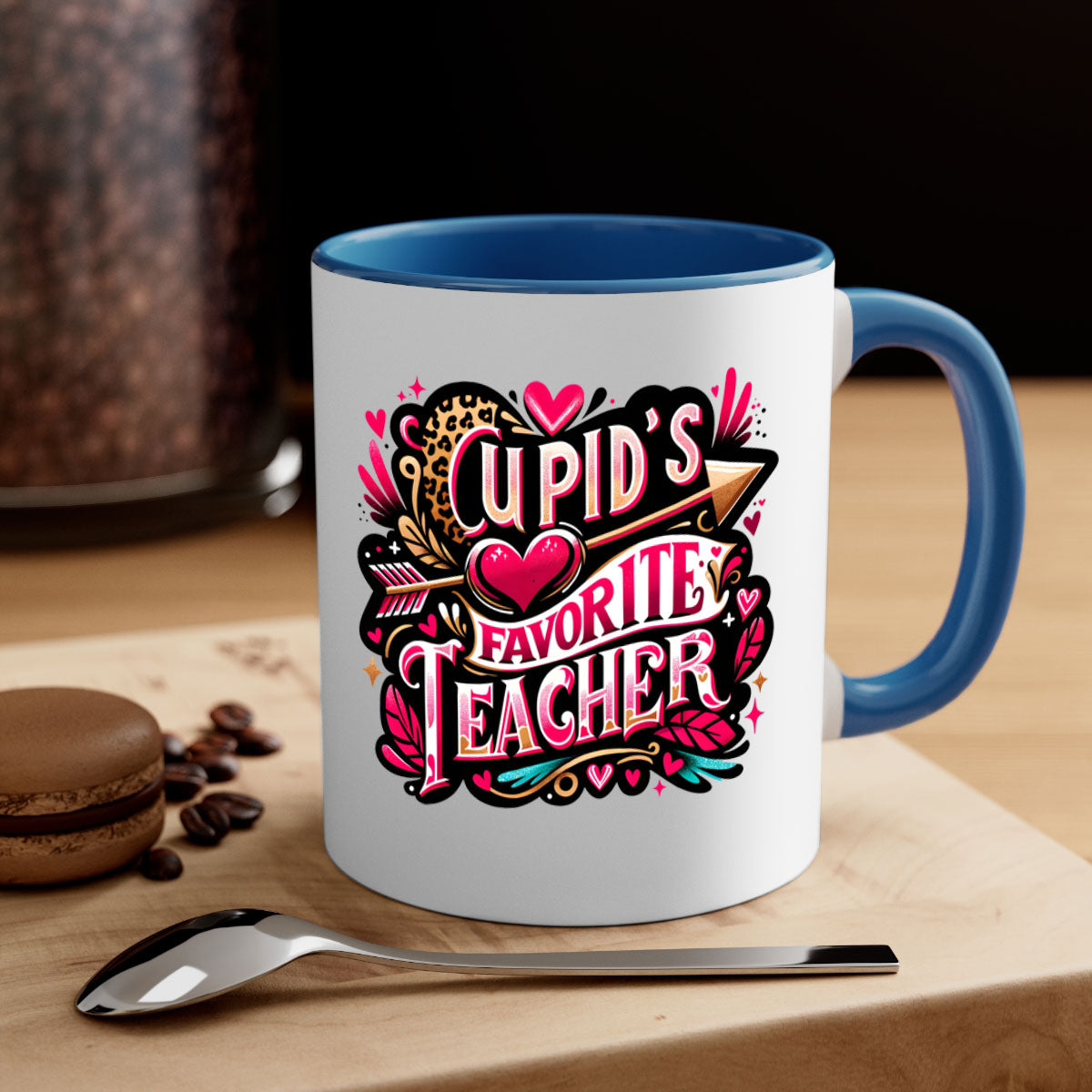 Cupids Favorite Teacher Mug with colorful handle and glossy finish, available in multiple colors and sizes.