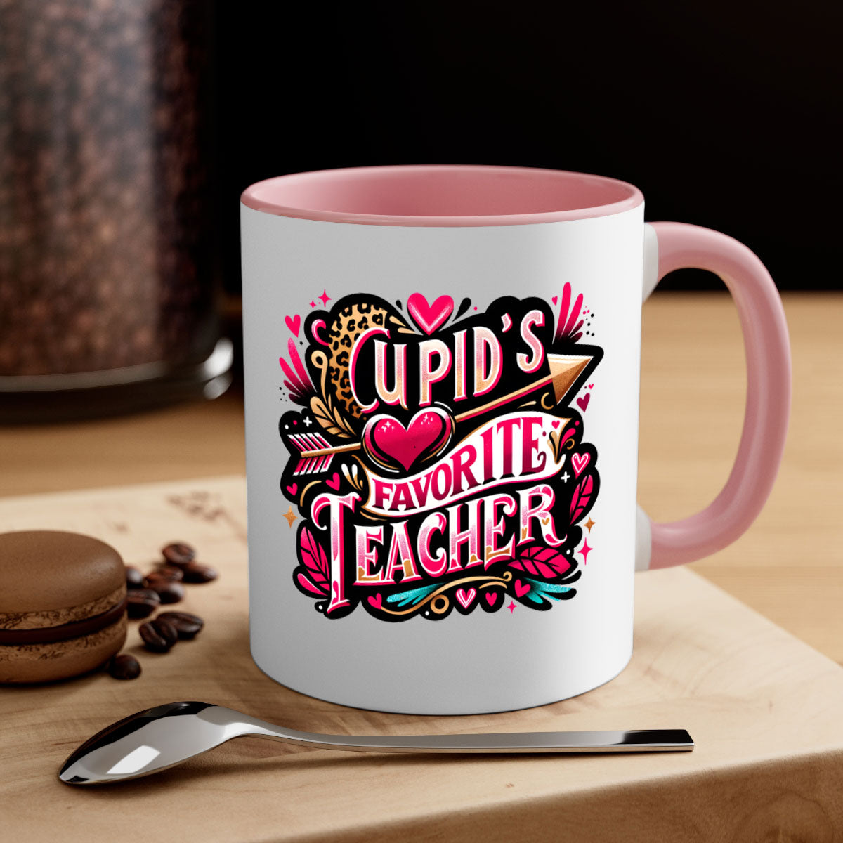 Cupids Favorite Teacher Mug with colorful handle and glossy finish, available in multiple colors and sizes.