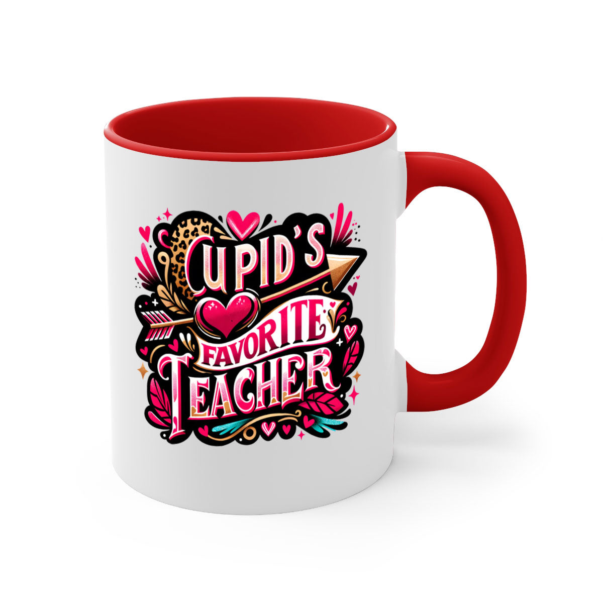 Cupids Favorite Teacher Mug with colorful handle and glossy finish, available in multiple colors and sizes.