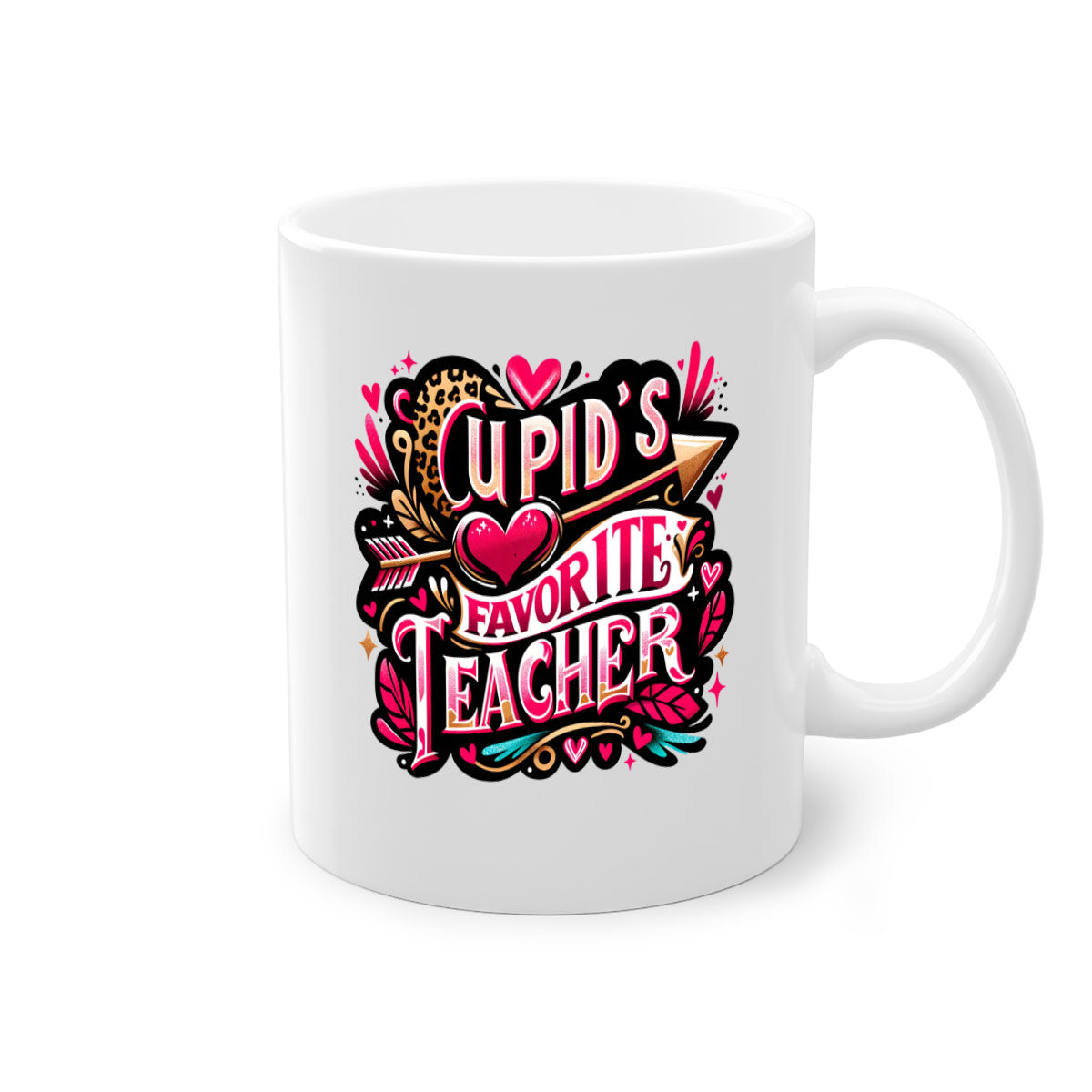 Cupids Favorite Teacher Mug with colorful handle and glossy finish, available in multiple colors and sizes.