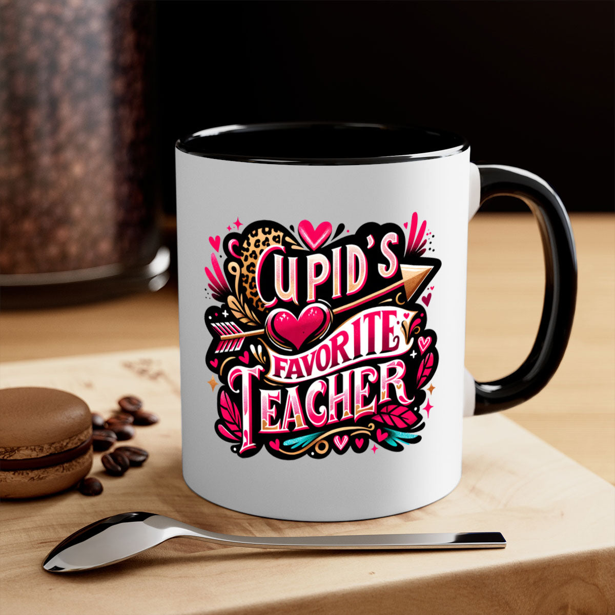 Cupids Favorite Teacher Mug with colorful handle and glossy finish, available in multiple colors and sizes.