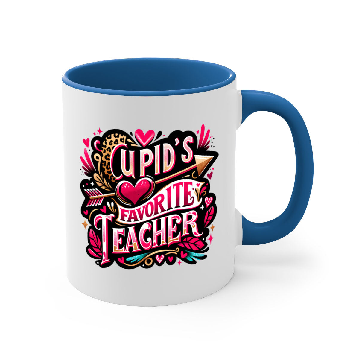 Cupids Favorite Teacher Mug with colorful handle and glossy finish, available in multiple colors and sizes.