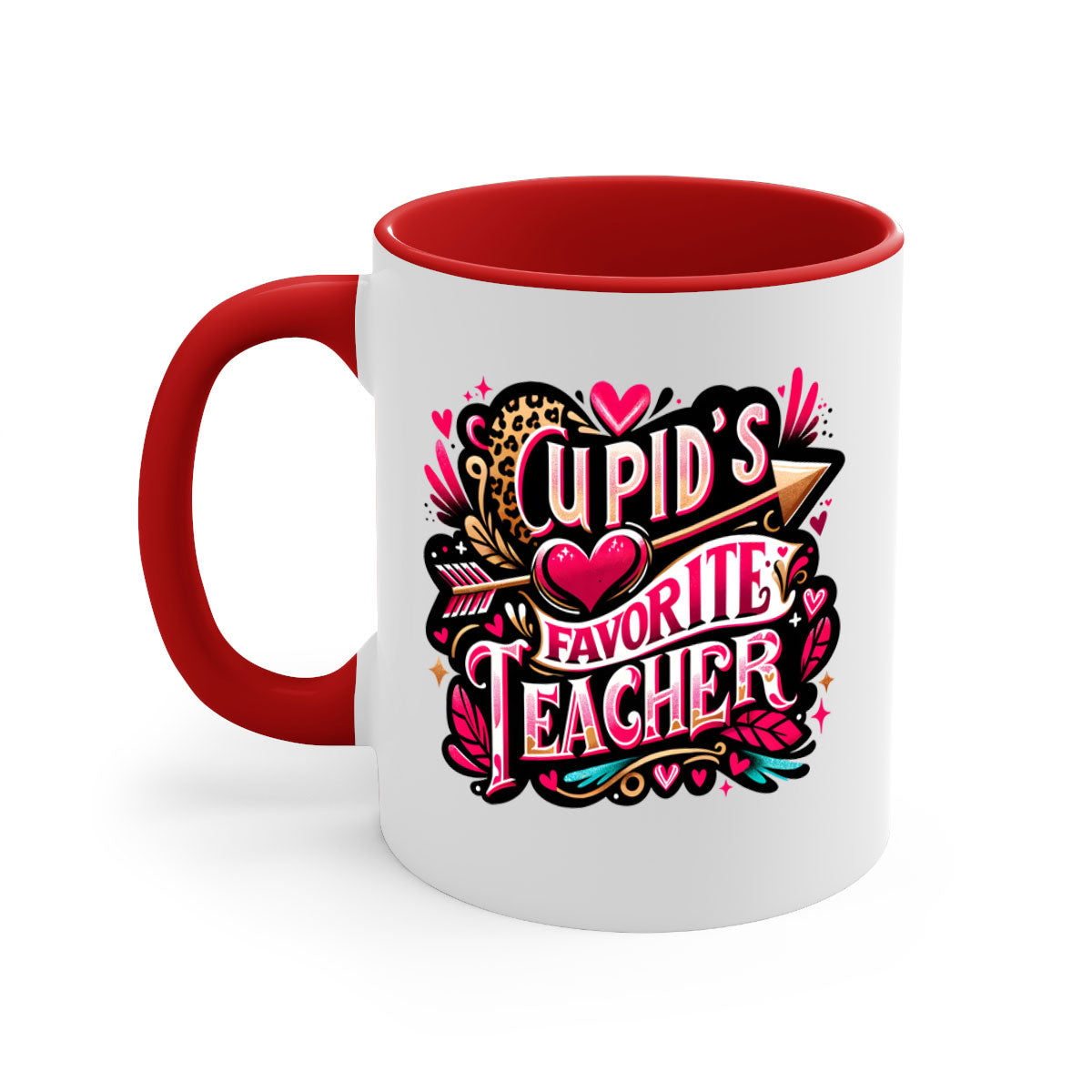 Cupids Favorite Teacher Mug with colorful handle and glossy finish, available in multiple colors and sizes.