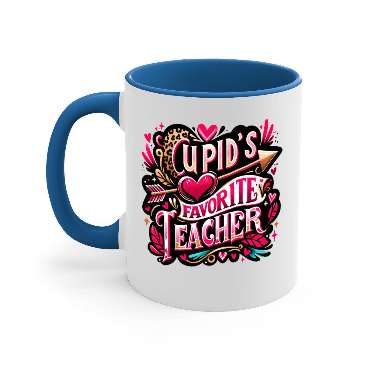 Cupids Favorite Teacher Mug with colorful handle and glossy finish, available in multiple colors and sizes.