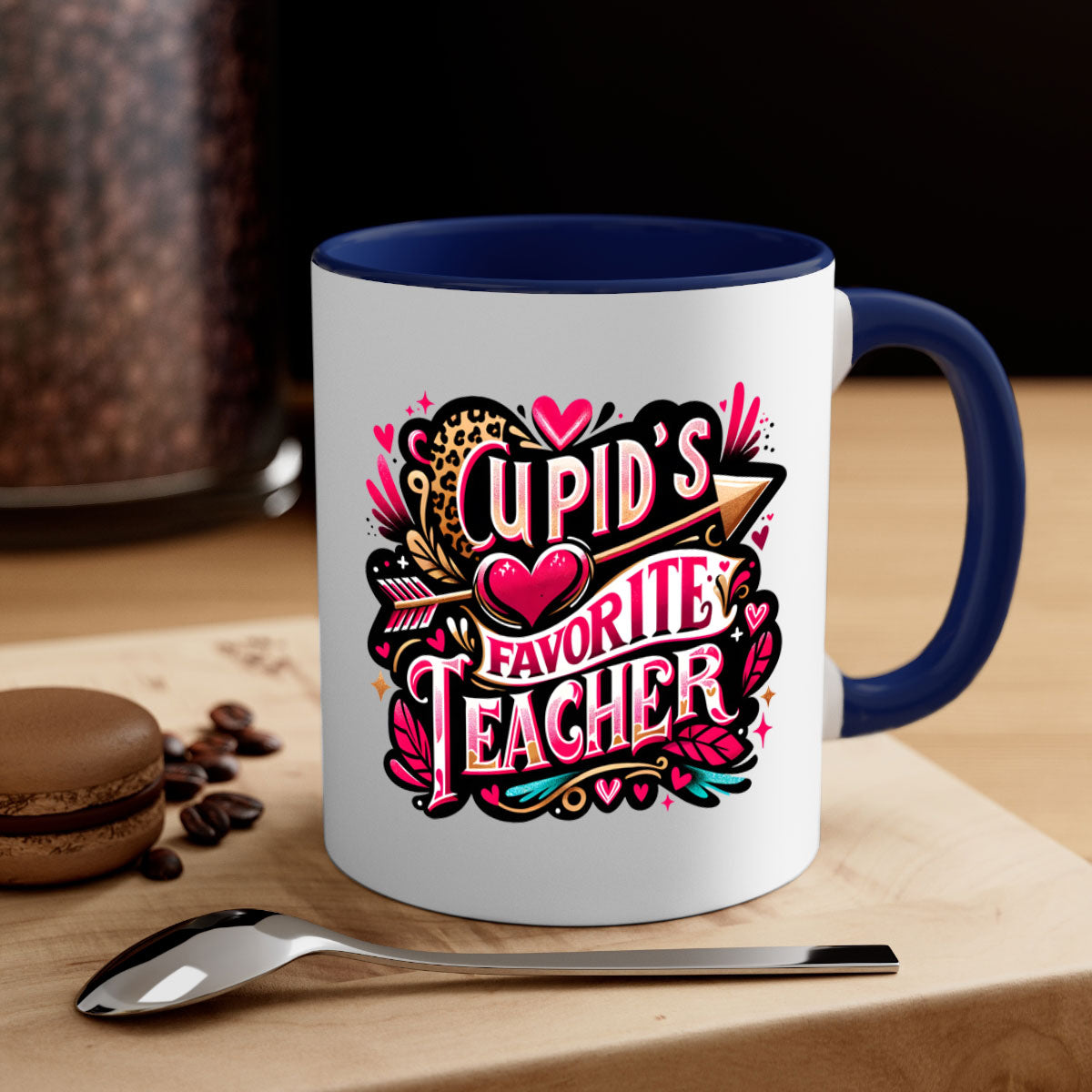 Cupids Favorite Teacher Mug with colorful handle and glossy finish, available in multiple colors and sizes.
