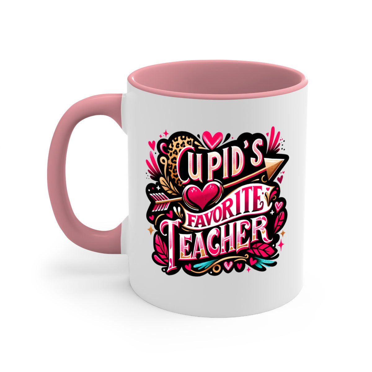 Cupids Favorite Teacher Mug with colorful handle and glossy finish, available in multiple colors and sizes.