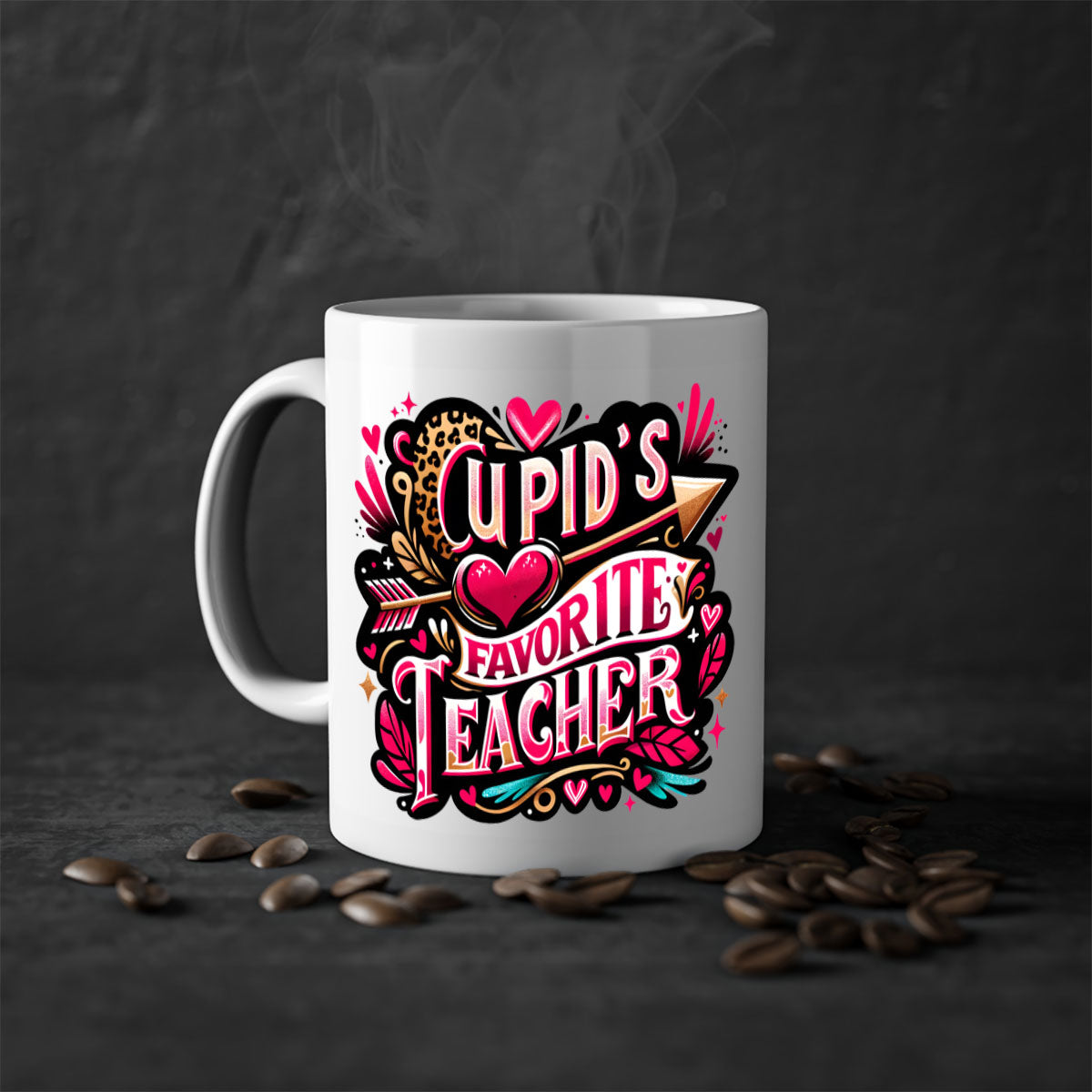Cupids Favorite Teacher Mug with colorful handle and glossy finish, available in multiple colors and sizes.