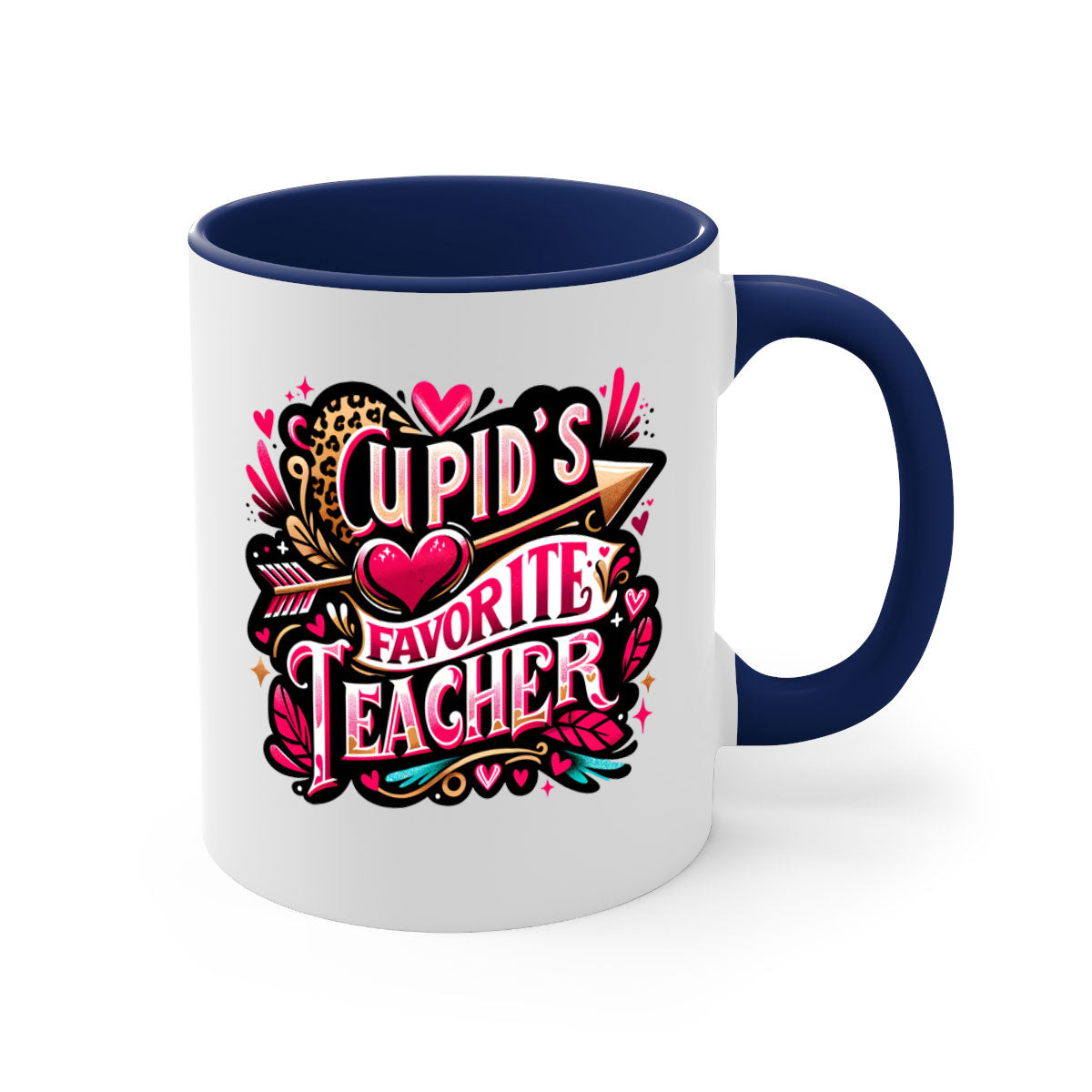 Cupids Favorite Teacher Mug with colorful handle and glossy finish, available in multiple colors and sizes.