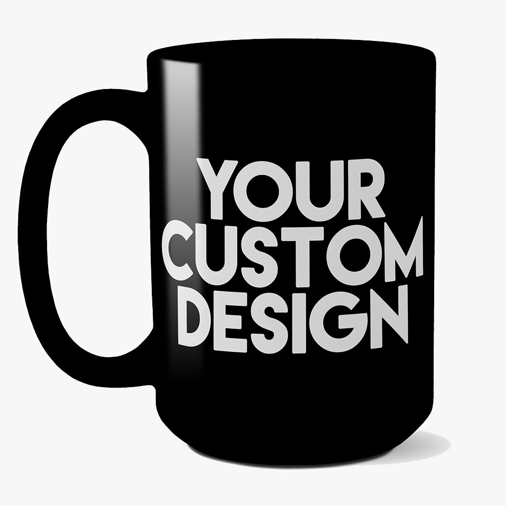 Custom black coffee mug with rounded corners and C-handle, showcasing a sleek design.