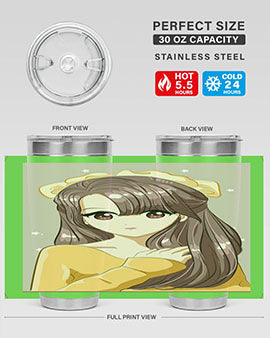 Cute anime tumbler featuring a girl with long brown hair and a ribbon, designed for hot and cold beverages.
