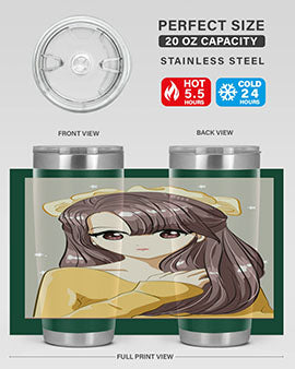 Cute anime tumbler featuring a girl with long brown hair and a ribbon, designed for hot and cold beverages.