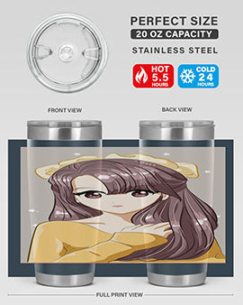 Cute anime tumbler featuring a girl with long brown hair and a ribbon, designed for hot and cold beverages.