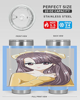 Cute anime tumbler featuring a girl with long brown hair and a ribbon, designed for hot and cold beverages.