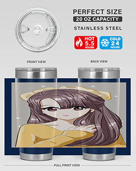Cute anime tumbler featuring a girl with long brown hair and a ribbon, designed for hot and cold beverages.