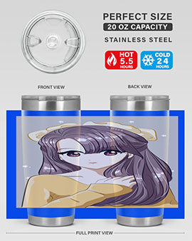 Cute anime tumbler featuring a girl with long brown hair and a ribbon, designed for hot and cold beverages.