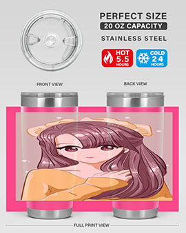 Cute anime tumbler featuring a girl with long brown hair and a ribbon, designed for hot and cold beverages.
