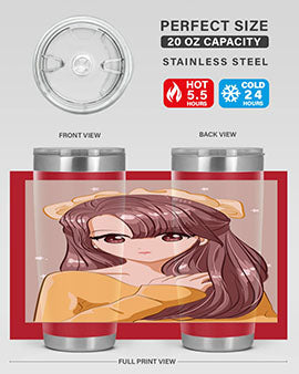 Cute anime tumbler featuring a girl with long brown hair and a ribbon, designed for hot and cold beverages.