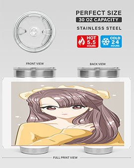 Cute anime tumbler featuring a girl with long brown hair and a ribbon, designed for hot and cold beverages.
