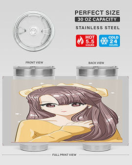Cute anime tumbler featuring a girl with long brown hair and a ribbon, designed for hot and cold beverages.