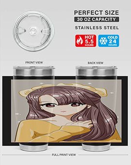 Cute anime tumbler featuring a girl with long brown hair and a ribbon, designed for hot and cold beverages.