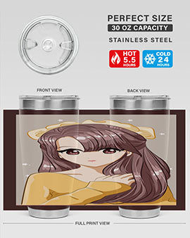 Cute anime tumbler featuring a girl with long brown hair and a ribbon, designed for hot and cold beverages.