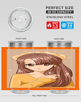 Cute anime tumbler featuring a girl with long brown hair and a ribbon, designed for hot and cold beverages.