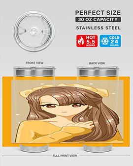 Cute anime tumbler featuring a girl with long brown hair and a ribbon, designed for hot and cold beverages.