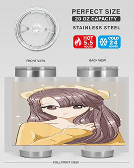 Cute anime tumbler featuring a girl with long brown hair and a ribbon, designed for hot and cold beverages.