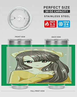 Cute anime tumbler featuring a girl with long brown hair and a ribbon, designed for hot and cold beverages.