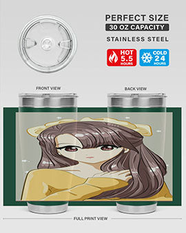 Cute anime tumbler featuring a girl with long brown hair and a ribbon, designed for hot and cold beverages.